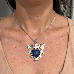 Certified Lapis Lazuli Heart Pendant Necklace with Silver Angel Wings | Natural Blue Stone Jewelry, Handmade Spiritual Protection Necklace