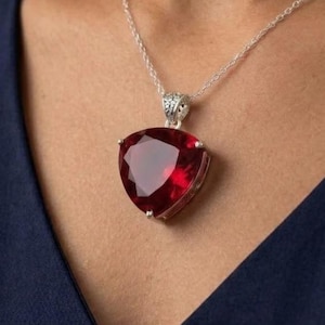Burmese Ruby Trillion Pendant | 90-100 Carat Natural Red Ruby Sterling Silver | Trillion Cut Gemstone Jewelry | Root Chakra Healing Crystal