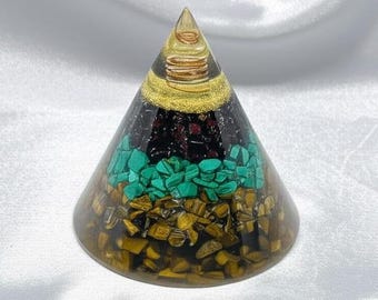 Orgonite Pyramid Cone, Tiger Eye, Turquoise & Amethyst, Chakra Healing
