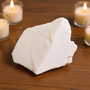 May include: A large, irregularly shaped block of white wax sits on a wooden surface, surrounded by four lit votive candles in glass holders. The candles cast a warm glow, highlighting the wax's texture.