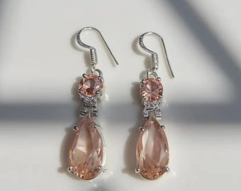 Premium Quality Peach Dangle Earrings for Women | Crystal Drop Earrings | Wedding Party Bridesmaid Jewellery & Fashion Accessory