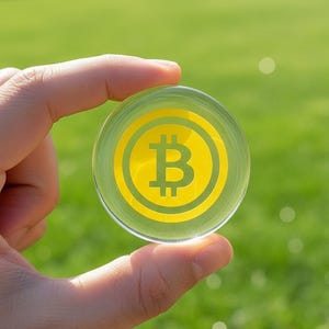 Handmade Bitcoin Resin Coin – Yellow Crypto Token Display Piece – UV-Resistant Epoxy Resin – Desktop Décor, Crypto Collectible, Tech Gift