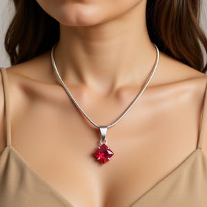 Square Cut Ruby Pendant | Sterling Silver Necklace, July Birthstone