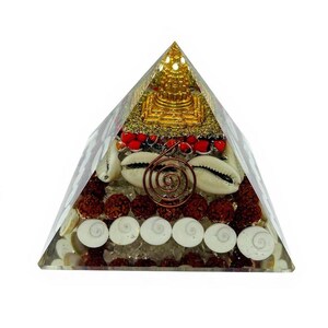 “handmade buddha orgone pyramid with rudraksha beads and gomti chakra discs”