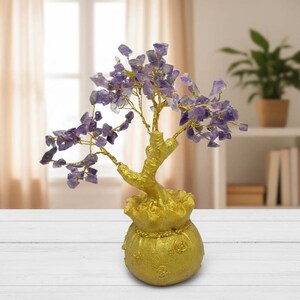Amethyst Gemstone Bonsai Tree, Golden Pot, Healing Crystal Decor