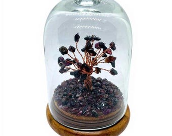 Garnet Wish Tree Sculpture – Copper Tree of Life in Glass Dome, Natural Red Garnet Chips, Handmade Spiritual Bonsai Decor for Home or Office