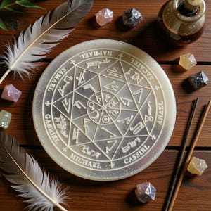 Puede incluir: Una tabla de adivinación circular de color crema con símbolos y nombres grabados, rodeada de cristales, plumas y varillas de incienso. La tabla presenta un diseño de estrella central con nombres como Michael y Gabriel. Los elementos están dispuestos sobre una superficie de madera.