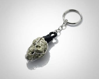 Raw Pyrite Crystal Keychain | Wire Wrapped Healing Stone Keyring