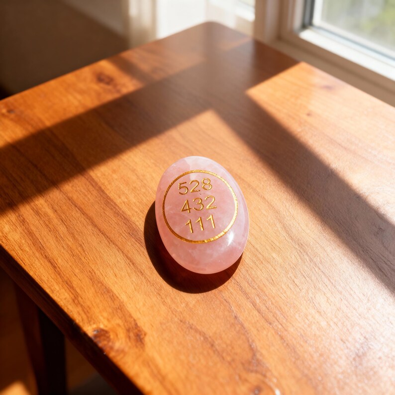 Rose Quartz Love Sigil Crystal with 528 432 111 Frequencies, Healing Palm Stone for Romance, Manifestation, Heart Chakra Activation, Spiritual Energy Work & Meditation Gift