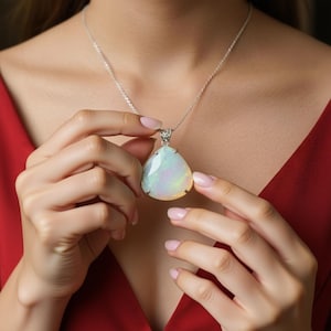 May include: A silver necklace with a large, pear-shaped opal pendant. The opal has iridescent flashes of green, blue, and yellow. The necklace is set against a red background.