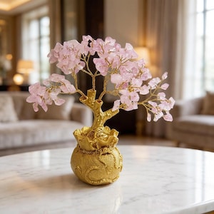 Rose Quartz Crystal Tree, Golden Bonsai, Feng Shui Decor