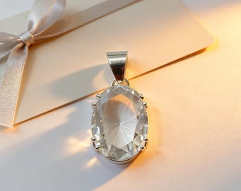 Oval White Sapphire Sterling Silver Healing Pendant, 20-25 Carat