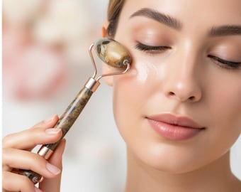 Golden Brown Agate Facial Roller – Rose Gold Crystal Face Massager – Brazilian Gemstone – Lymphatic Drainage Tool – Anti-Aging Skincare