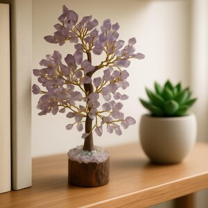 Meditation altar accent: amethyst gemstone bonsai tree sculpture.