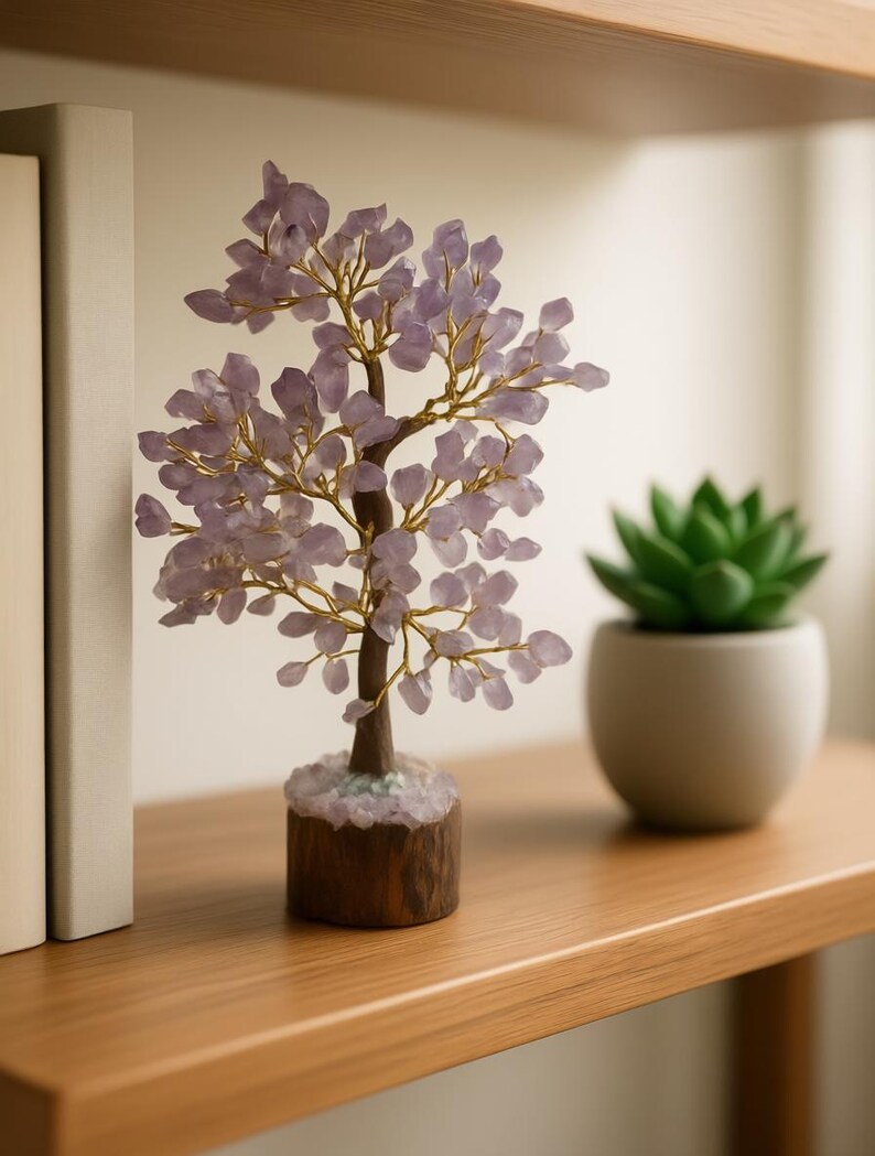 Meditation altar accent: amethyst gemstone bonsai tree sculpture.