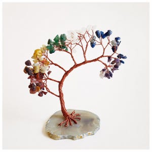Handmade 7 Chakra Gemstone Tree, Golden Wire Bonsai, Agate Base