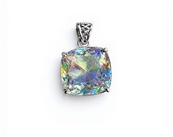 Handmade Rainbow Mystic Topaz Pendant | Cushion Cut 22mm 50–60 Ct | Iridescent Treated Topaz Energy Crystal | Free Sterling Silver Chain