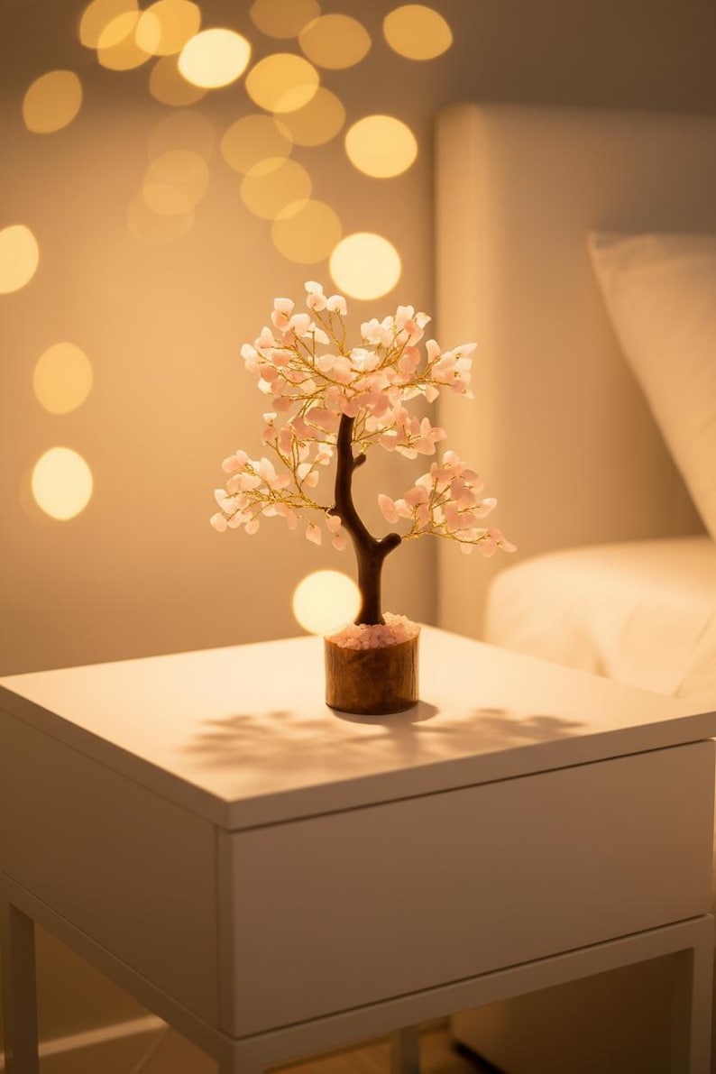 Rose quartz heart chakra tree on desk as meditation and reiki energy tool.