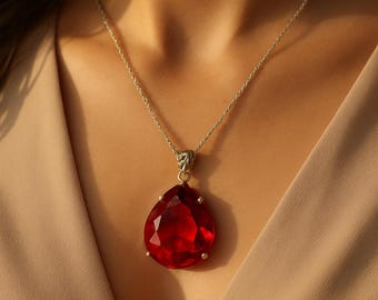 Tropfenförmige Rubin-Anhänger-Halskette | Burmesischer roter Edelstein, Sterlingsilber