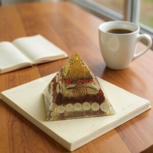 “reiki energy tool orgone pyramid with red coral and rudraksha seeds”