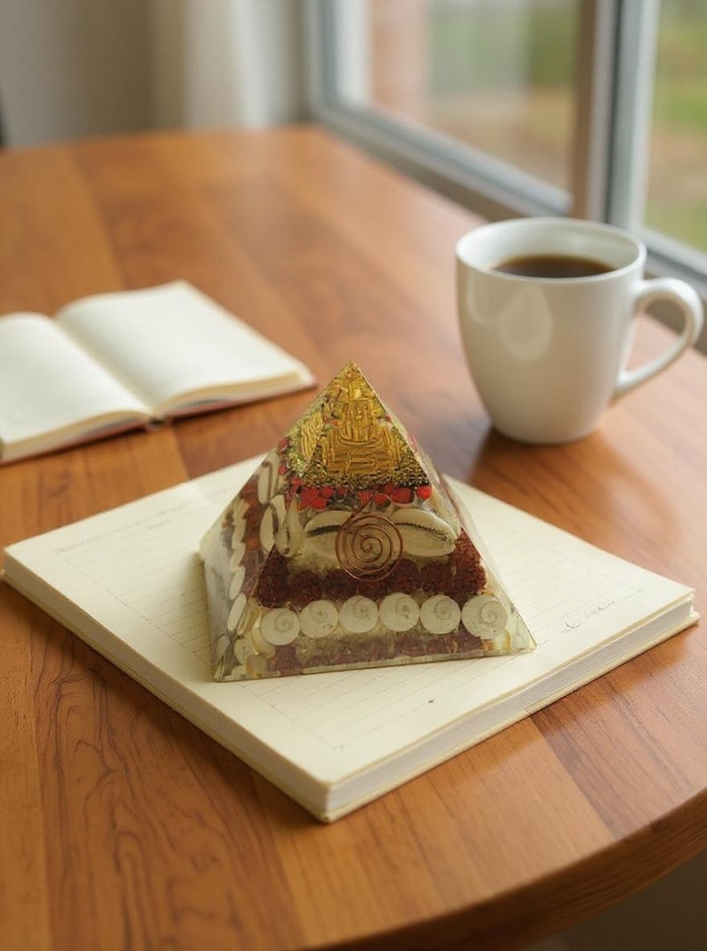 “reiki energy tool orgone pyramid with red coral and rudraksha seeds”