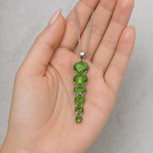 Sterling silver green crystal necklace with cascading oval stones, luxury August birthstone gift for her.