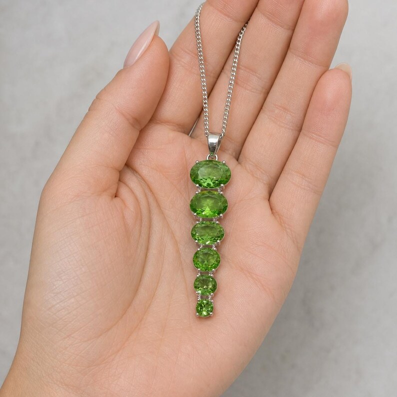 Sterling silver green crystal necklace with cascading oval stones, luxury August birthstone gift for her.