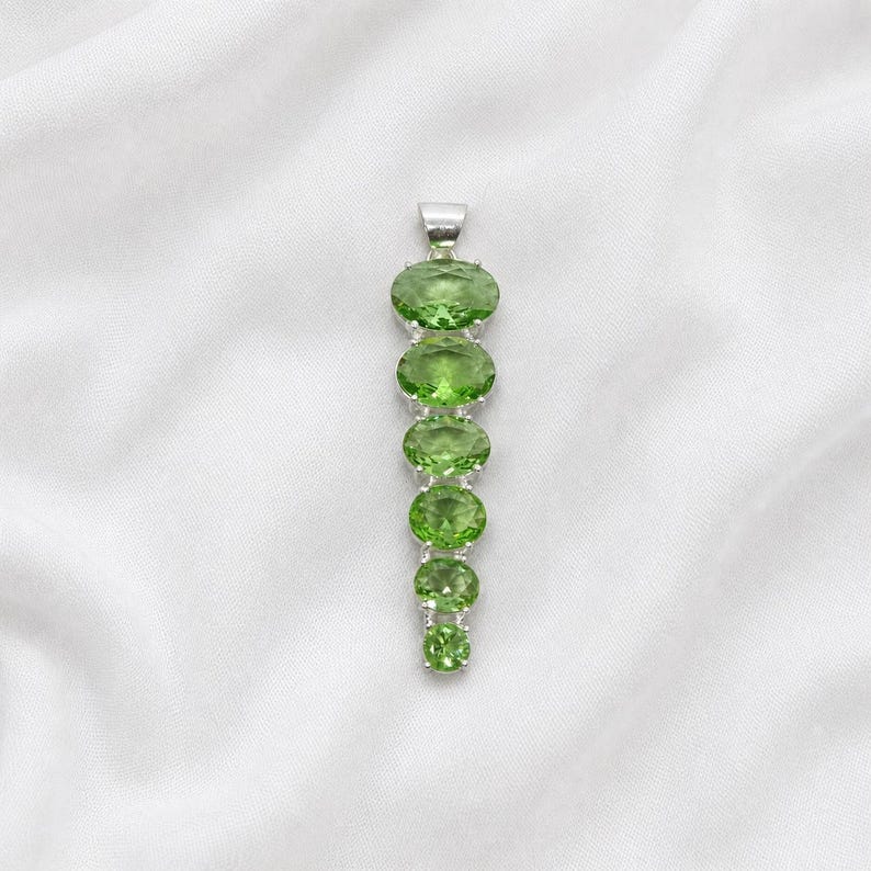 August birthstone green crystal pendant necklace, handmade silver jewelry gift.