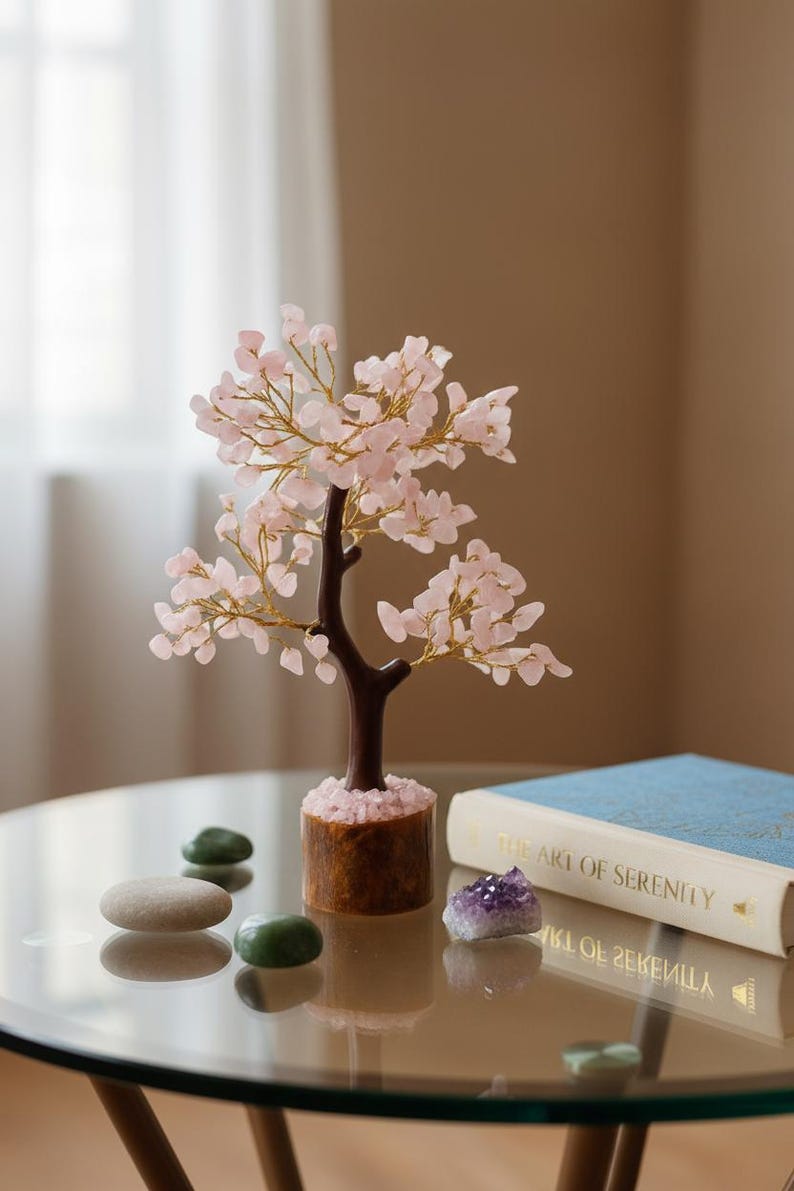 Side view of heart chakra wish tree of life sculpture on resin base.