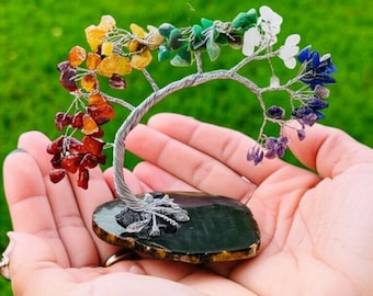 Handmade 7 Chakra Gemstone Tree of Life, Silver Wire Bonsai