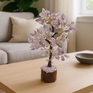 Energy alignment tool: amethyst bonsai on wood.