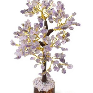 Close-up of purple amethyst chips on copper wire branches in bonsai sculpture.