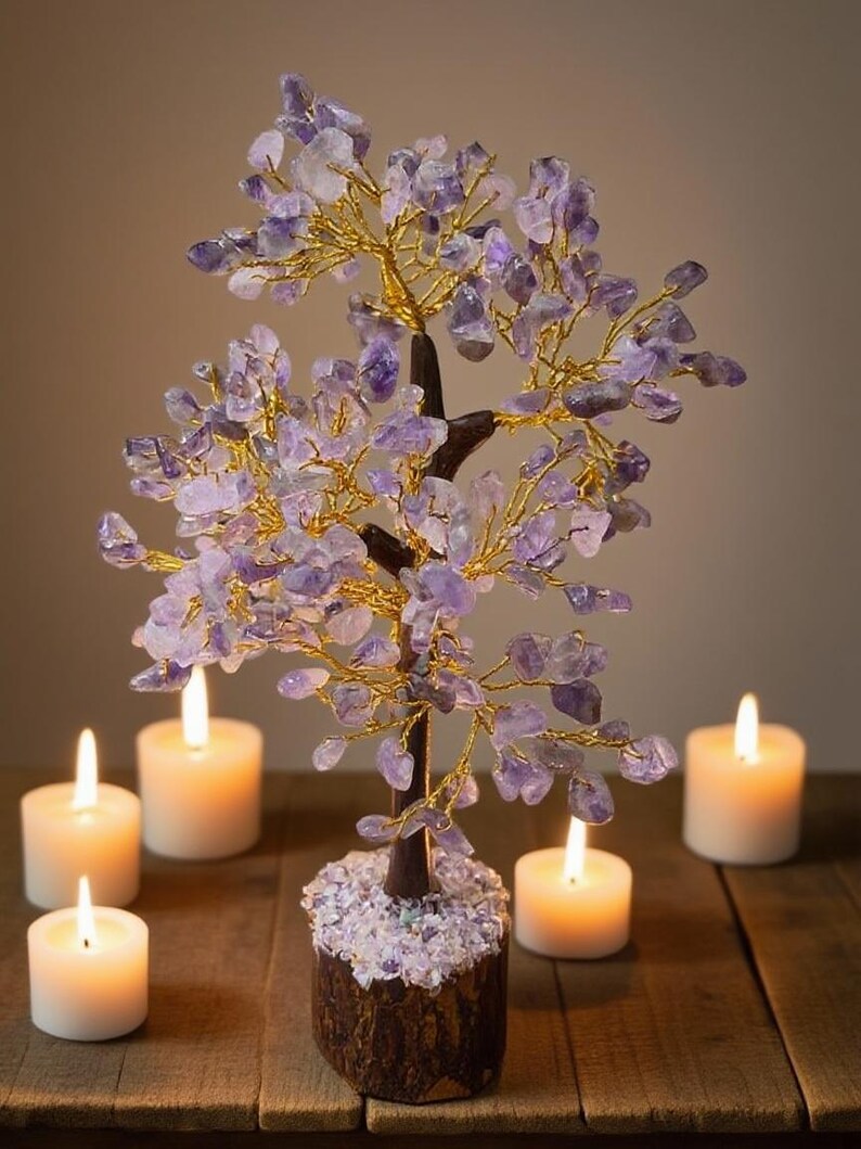Positive vibes office accent: amethyst chip tree sculpture.