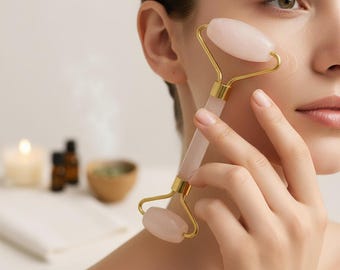 Rose Quartz Facial Roller – Authentic Brazilian Crystal Massager – Gold Plated Steel Frame – Lymphatic Drainage & Anti-Aging Tool