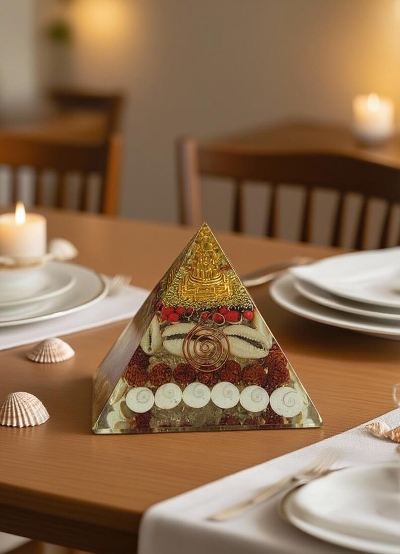 “clear quartz chips on pyramid base for chakra balancing and healing”
