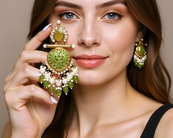 Green Meenakari Kundan Earrings | Indian Bridal Jewelry | Green Stone Dangle Jhumka with Pearls | Statement Earrings Gift for Her