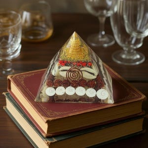 “spiritual healing pyramid with shells, beads, copper coil and quartz”