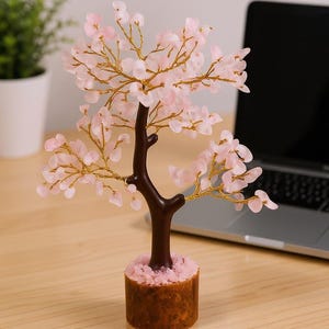Spiritual gift idea: rose quartz wish tree sculpture in resin base.