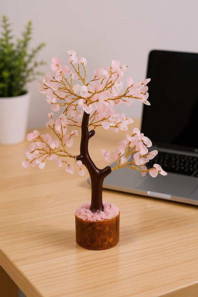 Spiritual gift idea: rose quartz wish tree sculpture in resin base.