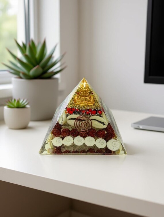 Handmade Buddha Energy Orgone Pyramid with Rudraksha Beads, Gomti Chakra Discs, Cowrie Shells, Red Coral Stones, Spiral Copper Coil