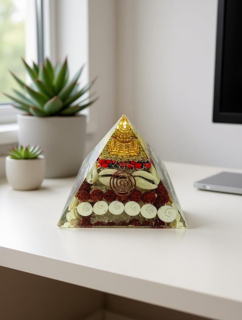 “cowrie shells and red coral stones embedded in spiritual orgone pyramid”