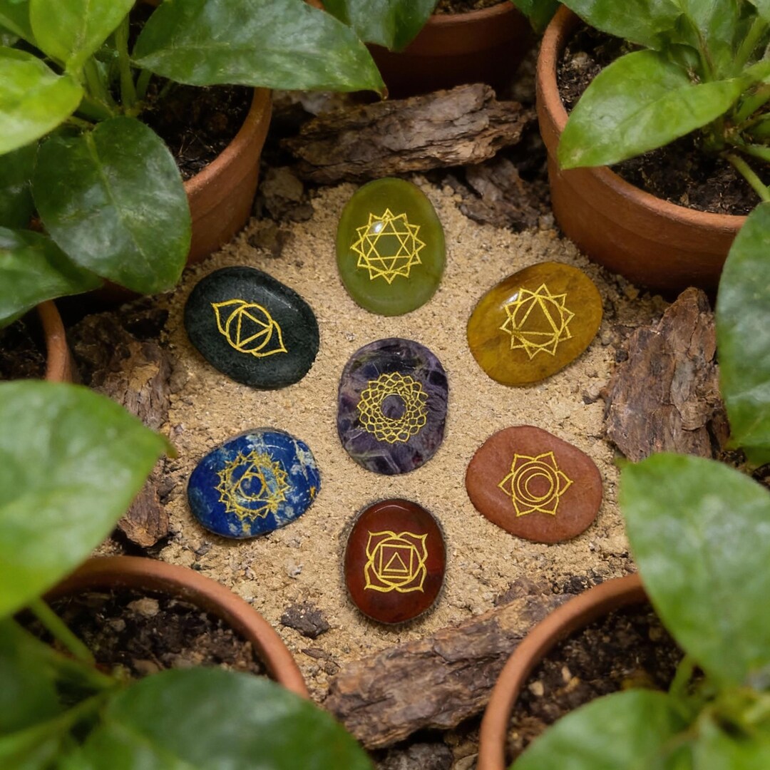 Handmade 7 Chakra Palm Stones Set With Golden Symbols | Healing Crystal ...