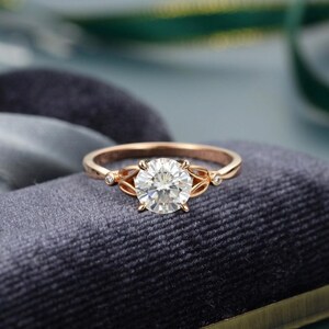 Round Cut Moissanite Engagement Ring in 14K Rose Gold with Nature Inspired Design and Diamond Accents, Dainty Wedding Ring for Her
