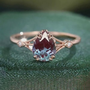 Alexandrite Pear Cut Ring Rose Gold Engagement Ring Color Change Gemstone Dainty Solitaire Ring Vintage Inspired June Birthstone Jewelry