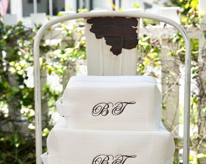Custom Embroidered Waffle Cosmetic Bag Personalized Monogram Travel Toiletry Pouch Bridal Bachelorette