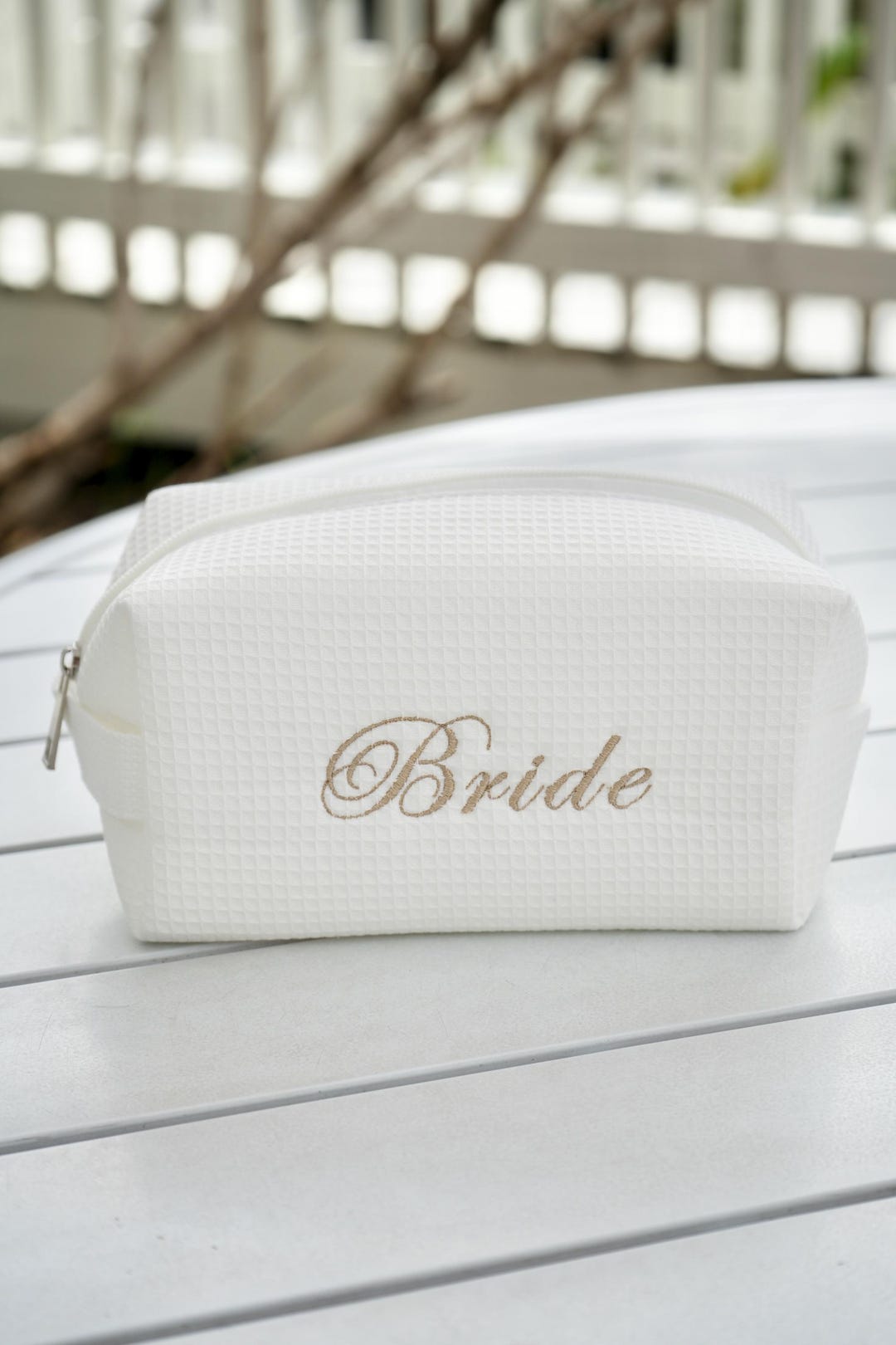 Personalized White Waffle Bride Pouch: Bridal Makeup Bag, Bachelorette ...