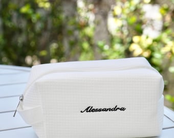 Custom Embroidered Name Waffle Cosmetic Bag Personalized Monogram Travel Bridal Bachelorette Toiletry Pouch