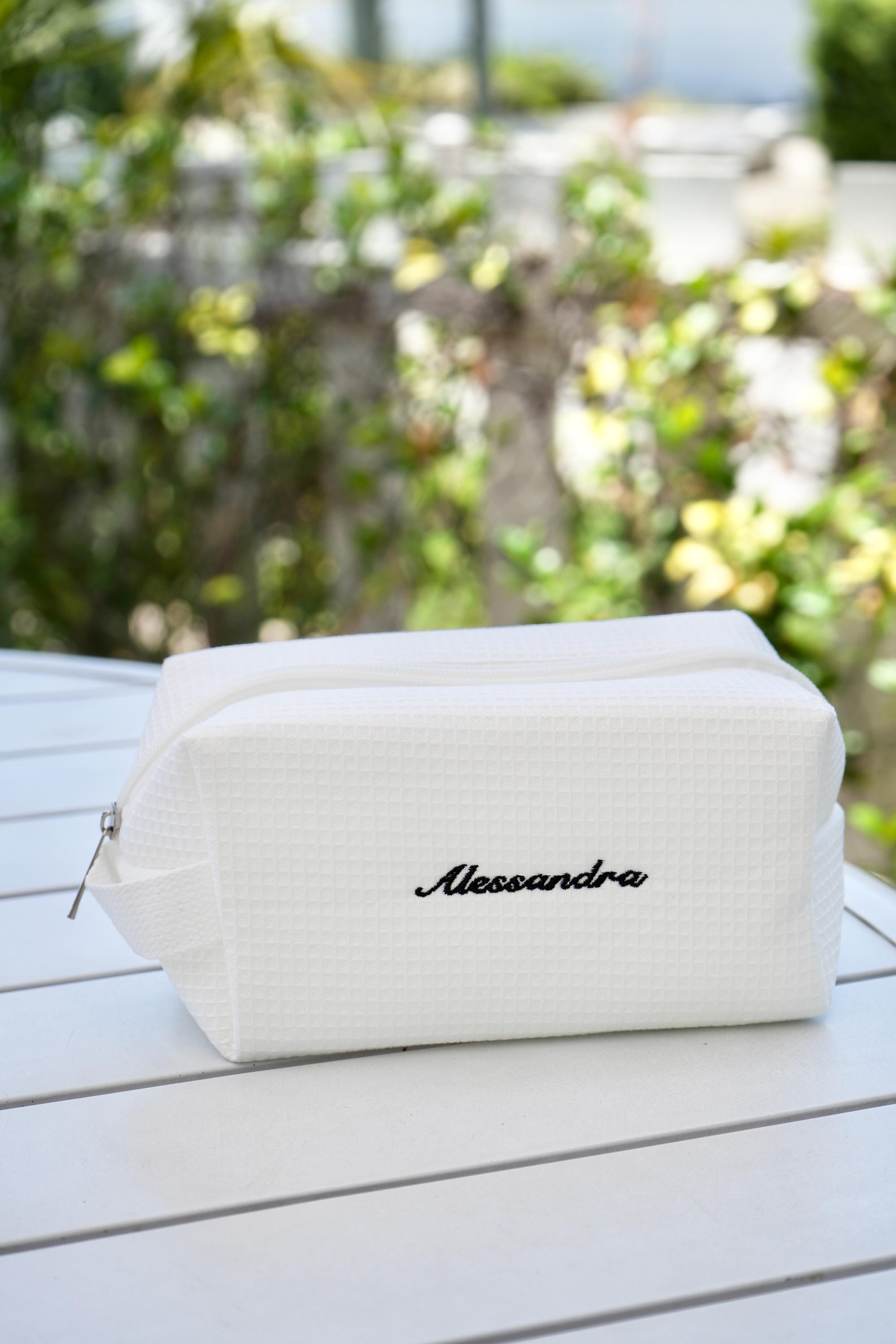 Custom Embroidered Name Waffle Cosmetic Bag Personalized Monogram Travel Bridal Bachelorette Toiletry Pouch