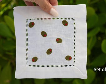 Embroidered Cocktail Napkins: Olives, Set of 4