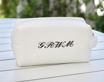 Embroidered Waffle Cosmetic Bag Travel Bridal Bachelorette Toiletry Pouch
